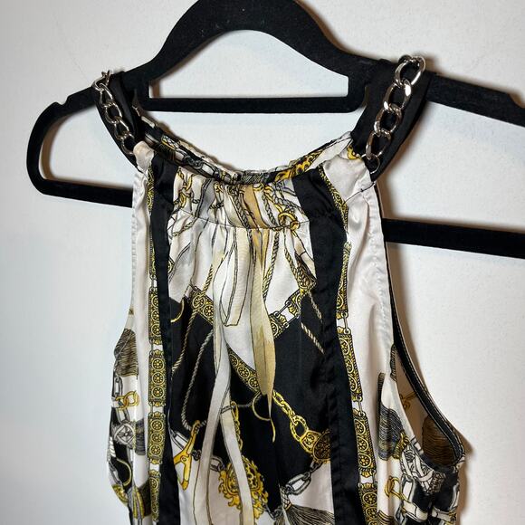 Vintage Cache Y2K Chain Link‎ Top Silky Blouse Black White Gold Size XS Halter - Picture 6 of 7